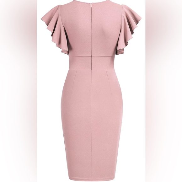 Knitee Women's Deep-V Neck Ruffle Sleeves Cocktail Party Dress - Picture 2 of 4